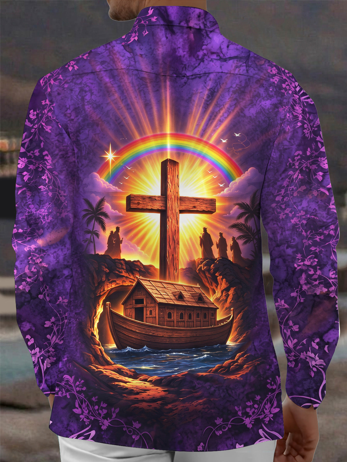 Adaychic Men's Hawaiian Noahs Ark And Holy Cross Print Long Sleeve Shirt with Chest Pocket