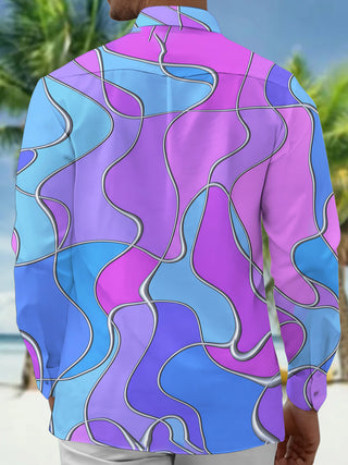 Adaychic Men's Patterned Abstract Wavy Lines Print Long Sleeve Shirt with Chest Pocket