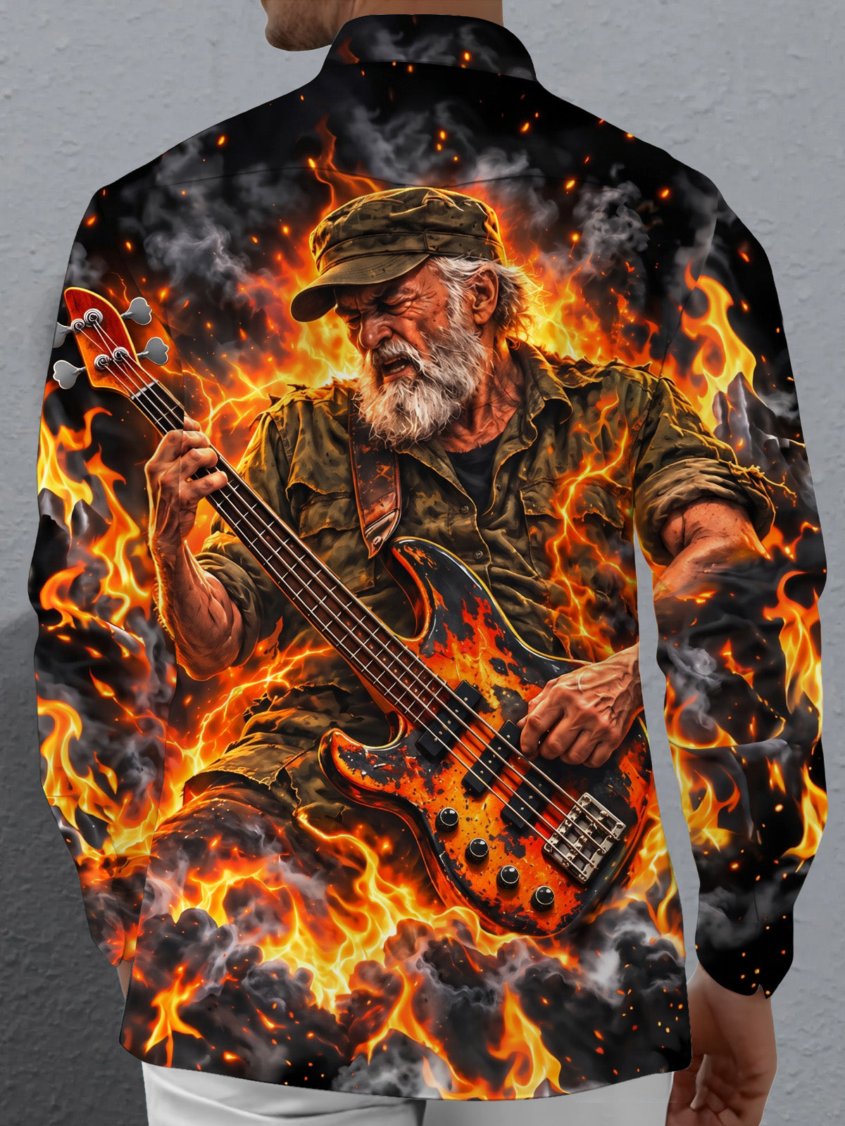 Adaychic Men's Long Sleeve Shirt - Veterans Day Old Man Playing Bass Guitar In Flames Print with Chest Pocket