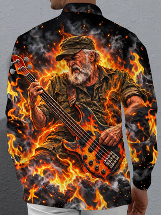 Adaychic Men's Long Sleeve Shirt - Veterans Day Old Man Playing Bass Guitar In Flames Print with Chest Pocket