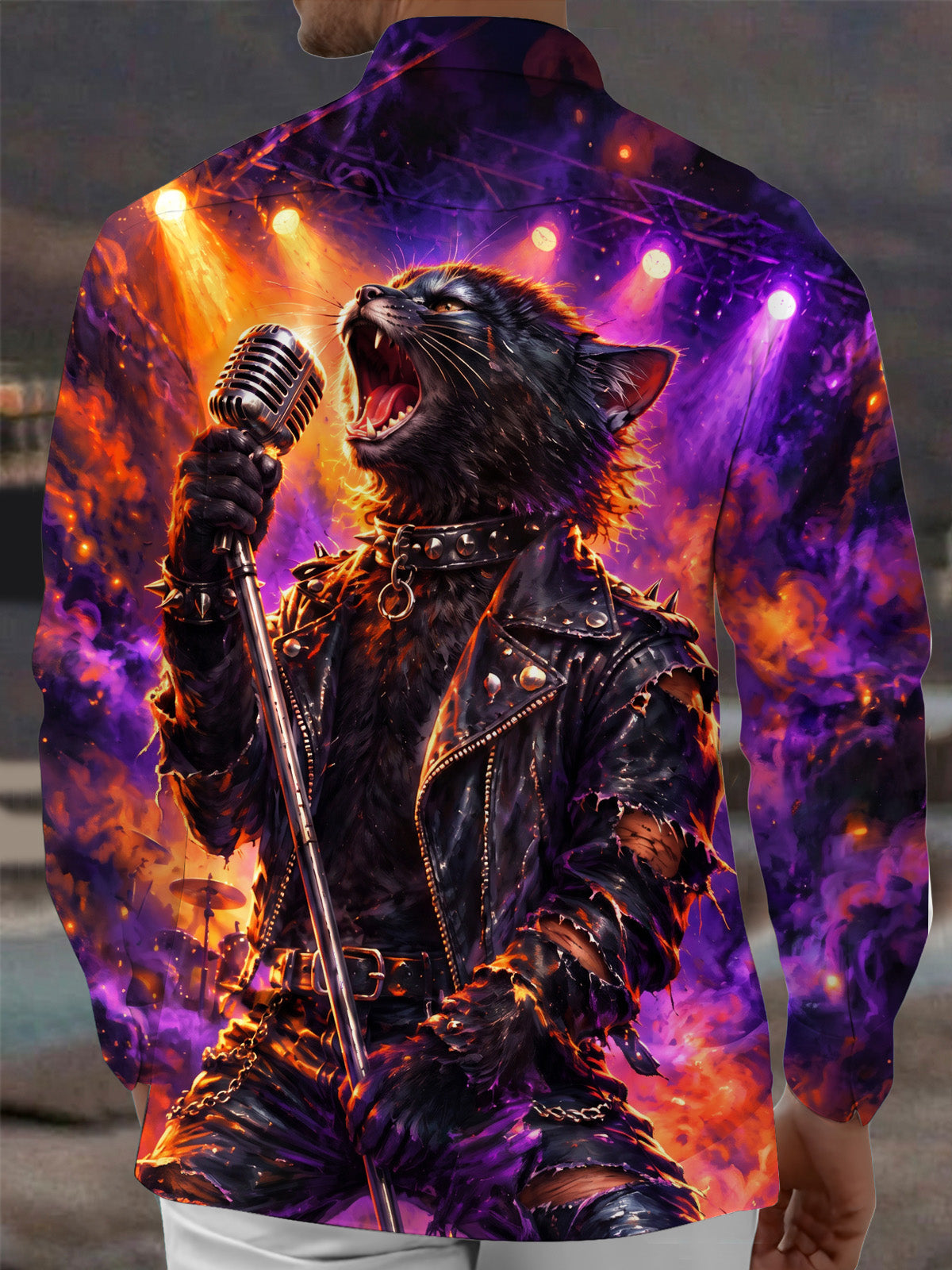 Adaychic Men's Long Sleeve Shirt - Rock Black Cat With Microphone And Leather Jacket Print with Chest Pocket