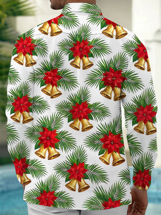 Adaychic Men's Hawaiian Christmas Poinsettia And Bells Print Long Sleeve Shirt