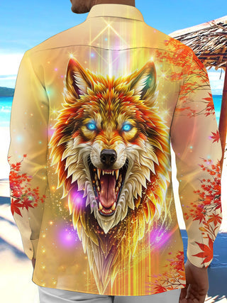Adaychic Men's Graphic Glowing Wolf Head Print Long Sleeve Shirt with Chest Pocket