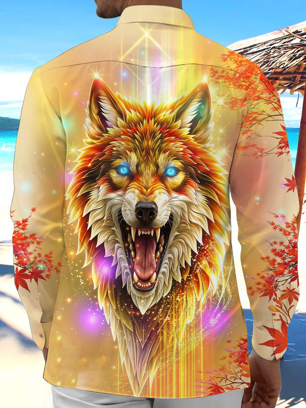 Adaychic Men's Graphic Glowing Wolf Head Print Long Sleeve Shirt with Chest Pocket
