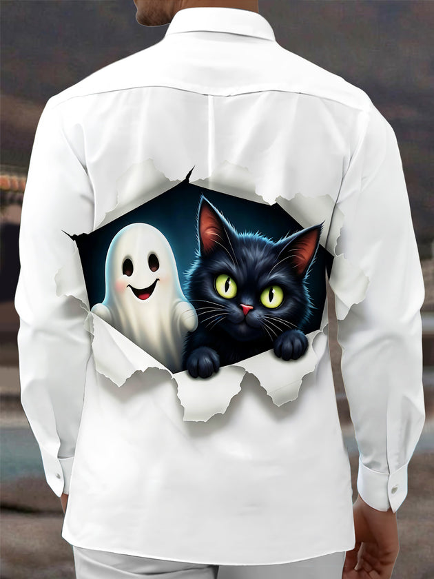 Adaychic Men's Graphic Halloween Black Cat And Ghost Print Long Sleeve Shirt with Chest Pocket
