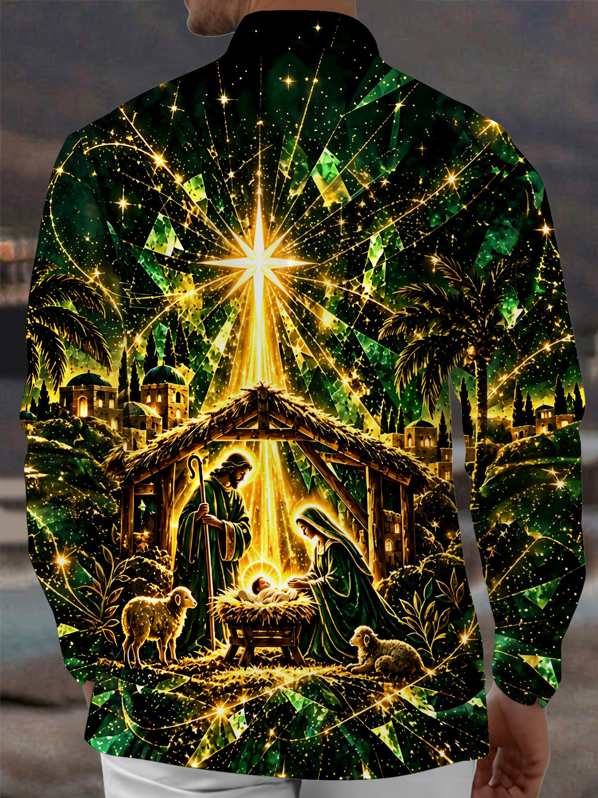 Adaychic Men's Long Sleeve Shirt - Nativity Scene With Mary Joseph Baby Jesus And Sheep Print with Chest Pocket