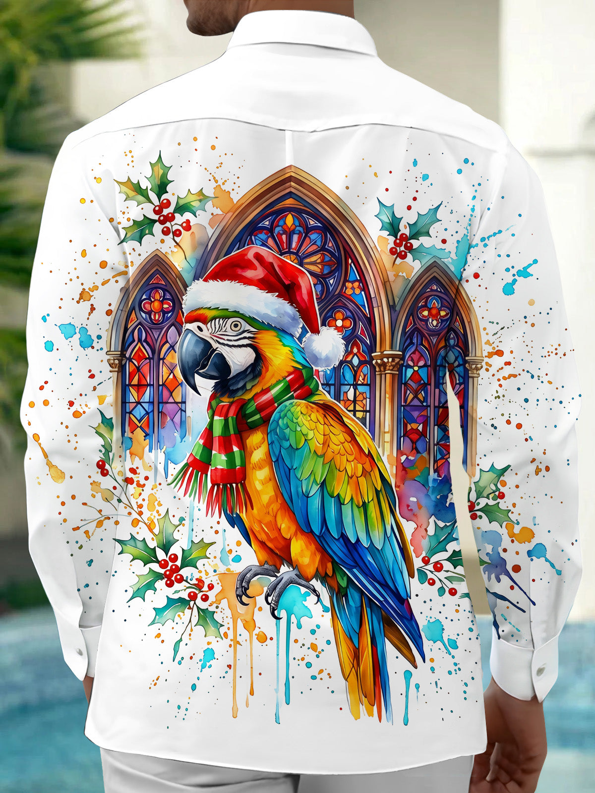 Adaychic Men's Long Sleeve Shirt - Christmas Parrot With Santa Hat And Scarf Print with Chest Pocket