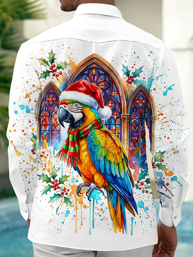 Adaychic Men's Long Sleeve Shirt - Christmas Parrot With Santa Hat And Scarf Print with Chest Pocket