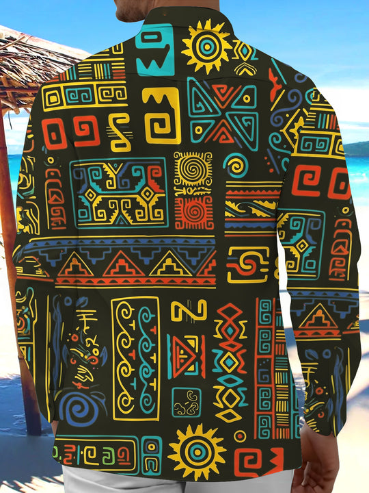 Adaychic Men's Hawaiian Ethnic Geometric Totem Print Long Sleeve Shirt with Chest Pocket