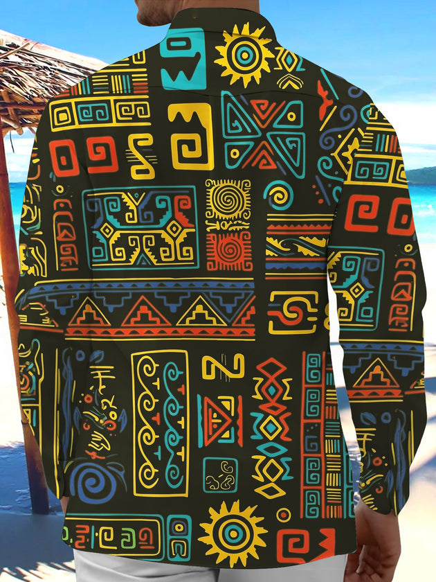 Adaychic Men's Hawaiian Ethnic Geometric Totem Print Long Sleeve Shirt with Chest Pocket