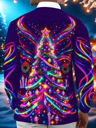 Adaychic Men's Long Sleeve Shirt - Neon Christmas Tree With Ornaments And Wreaths Print with Chest Pocket