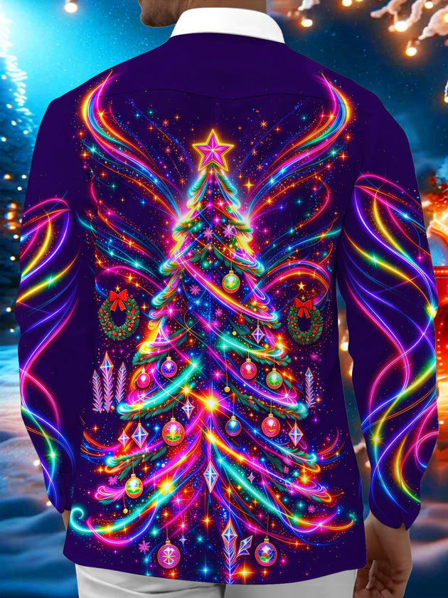 Adaychic Men's Long Sleeve Shirt - Neon Christmas Tree With Ornaments And Wreaths Print with Chest Pocket