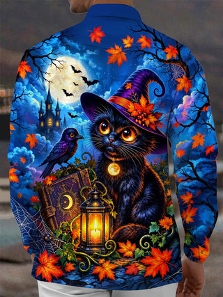 Adaychic Men's Graphic Halloween Cat Print Witch Hat Print Long Sleeve Shirt with Chest Pocket