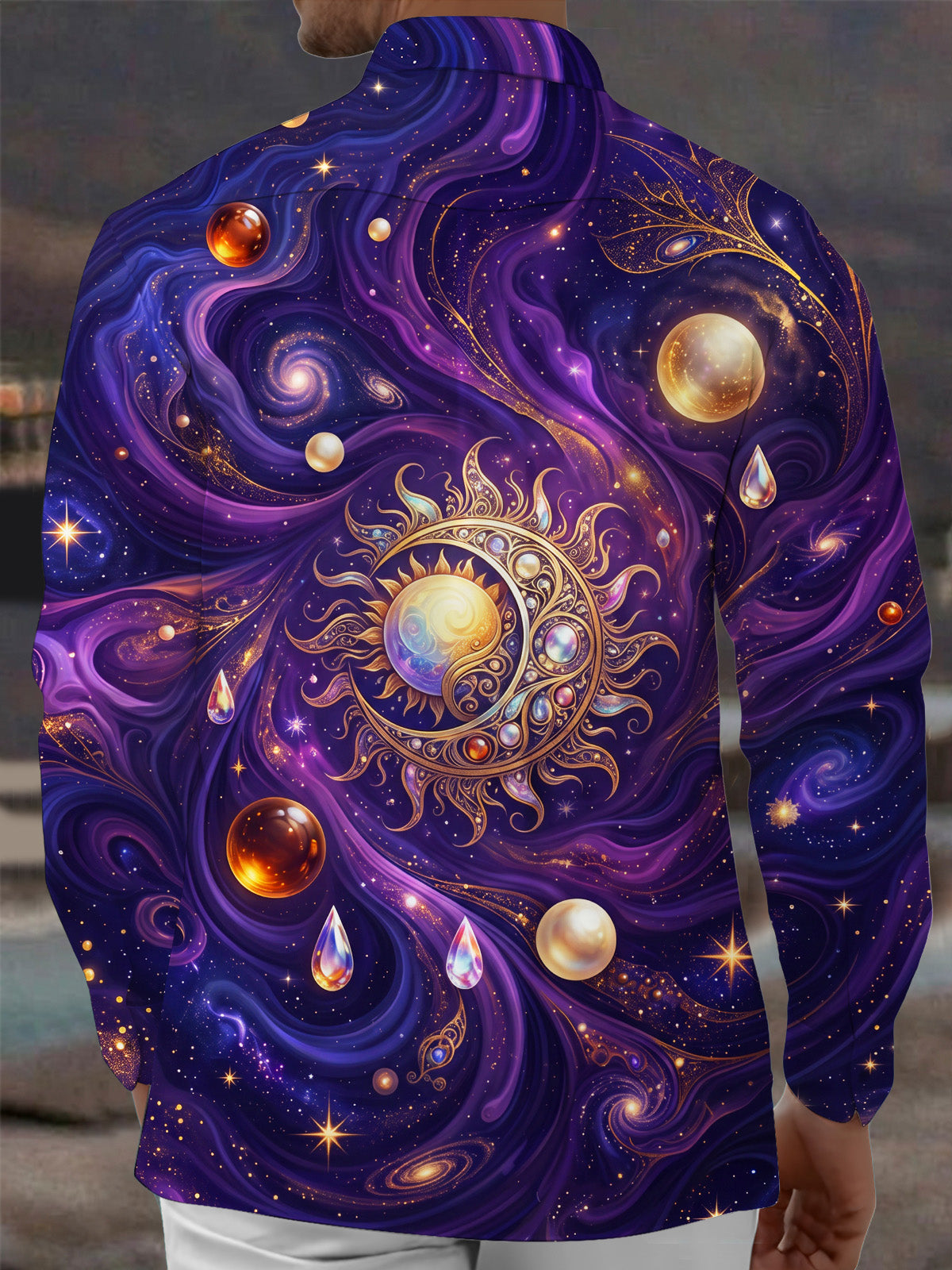 Adaychic Men's Graphic Sun Moon Cosmic Vortex Print Long Sleeve Shirt with Chest Pocket