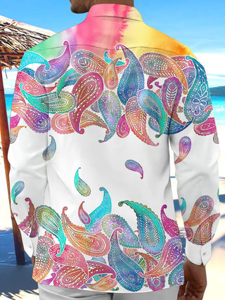 Adaychic Men's Printed Colorful Paisley Print Long Sleeve Shirt with Chest Pocket