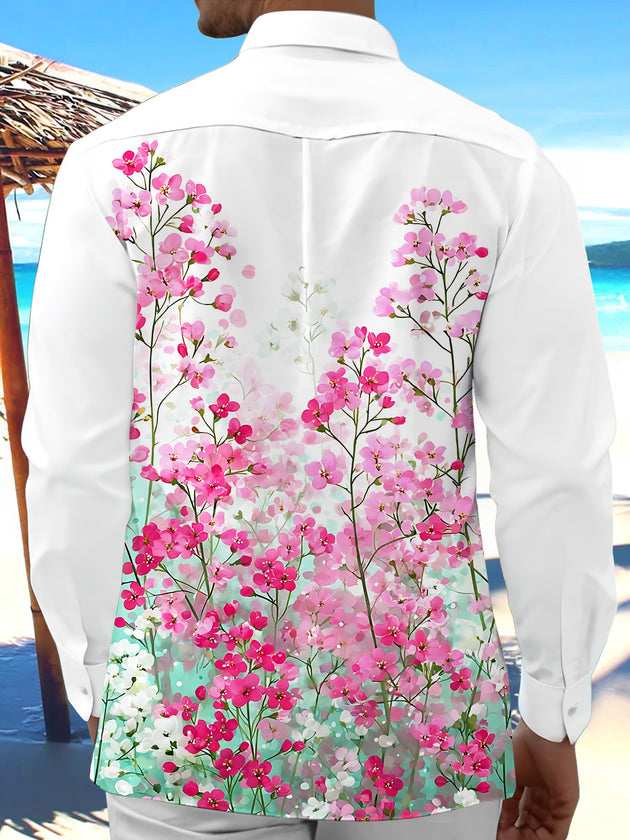 Adaychic Men's Floral Pink Flower Print Floral Pattern Long Sleeve Shirt with Chest Pocket