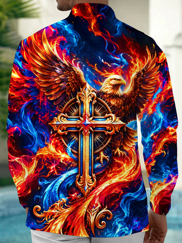 Adaychic Men's Graphic Flaming Eagle And Holy Cross Print Long Sleeve Shirt with Chest Pocket