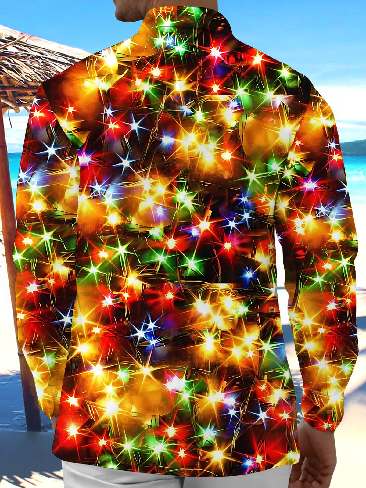 Adaychic Men's Printed Colorful Christmas Lights Print Long Sleeve Shirt with Chest Pocket