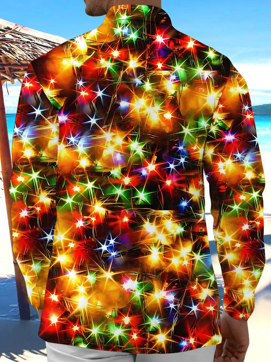 Adaychic Men's Printed Colorful Christmas Lights Print Long Sleeve Shirt with Chest Pocket