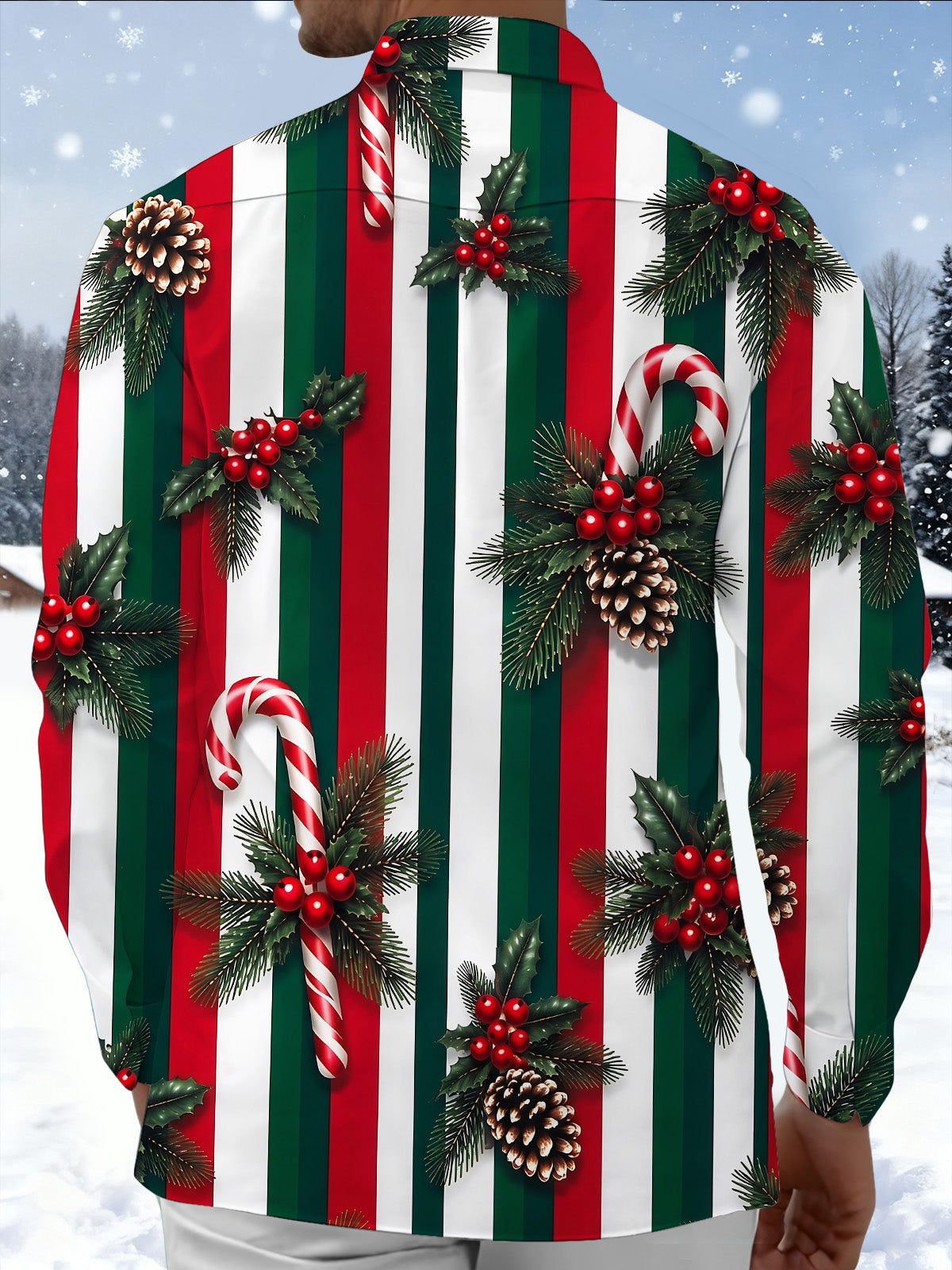 Adaychic Men's Christmas Candy Canes And Pine Cones Print Long Sleeve Shirt with Chest Pocket