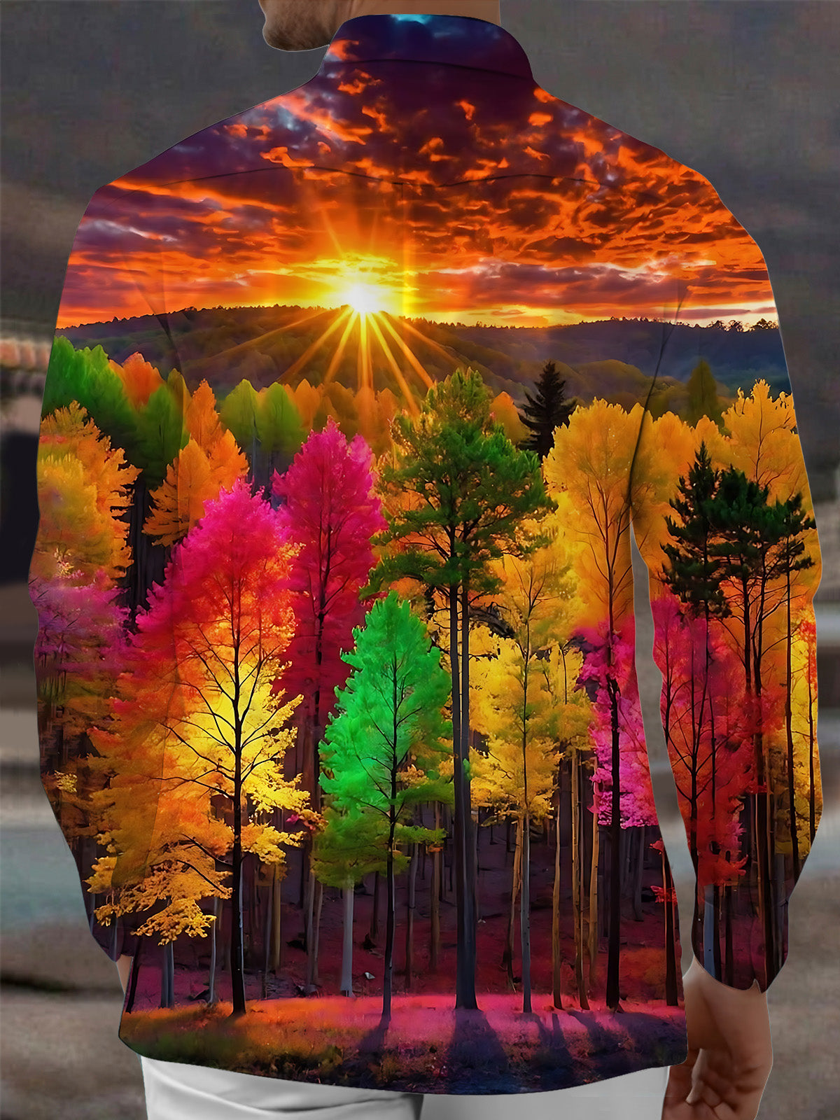 Adaychic Men's Printed Autumn Forest Sunset Print Long Sleeve Shirt with Chest Pocket
