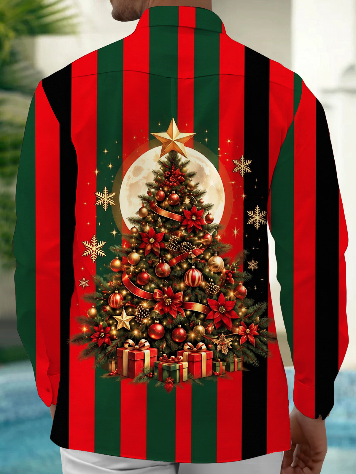 Adaychic Men's Christmas Tree With Ornaments And Gifts Print Long Sleeve Shirt with Chest Pocket