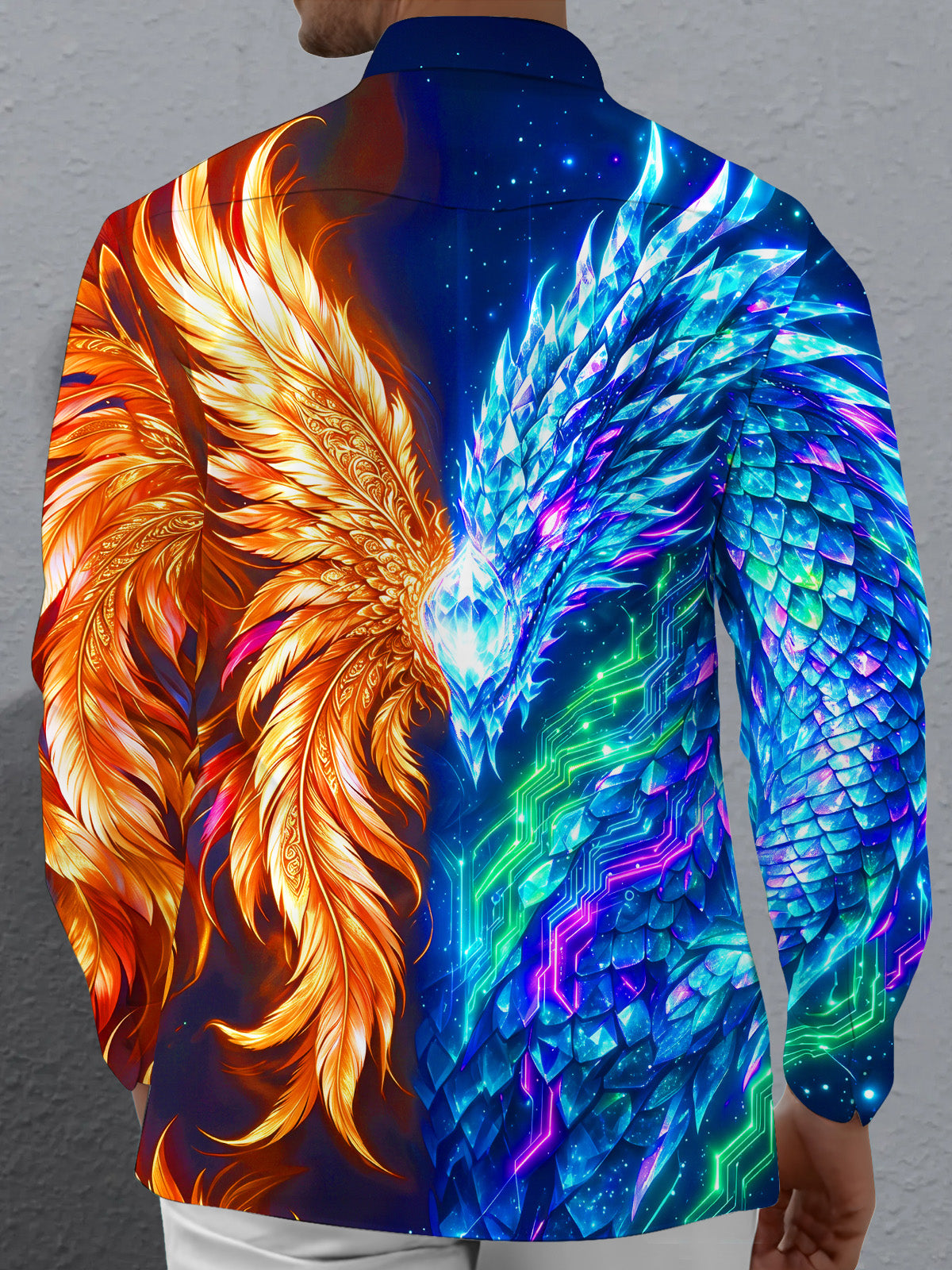 Adaychic Men's Graphic Ice Dragon And Fire Phoenix Print Long Sleeve Shirt with Chest Pocket