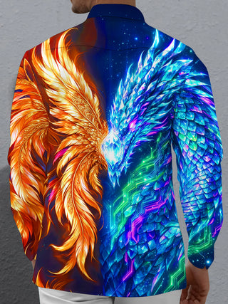 Adaychic Men's Graphic Ice Dragon And Fire Phoenix Print Long Sleeve Shirt with Chest Pocket