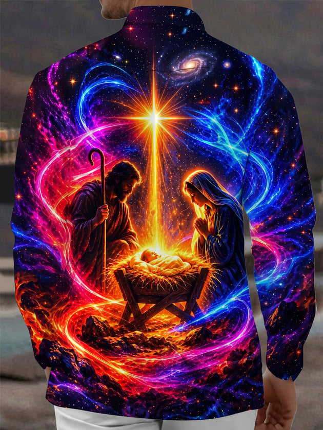Adaychic Men's Long Sleeve Shirt - Nativity Scene With Mary Joseph And Baby Jesus Print with Chest Pocket