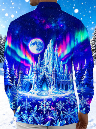 Adaychic Men's Graphic Ice Castle And Full Moon Print Long Sleeve Shirt with Chest Pocket