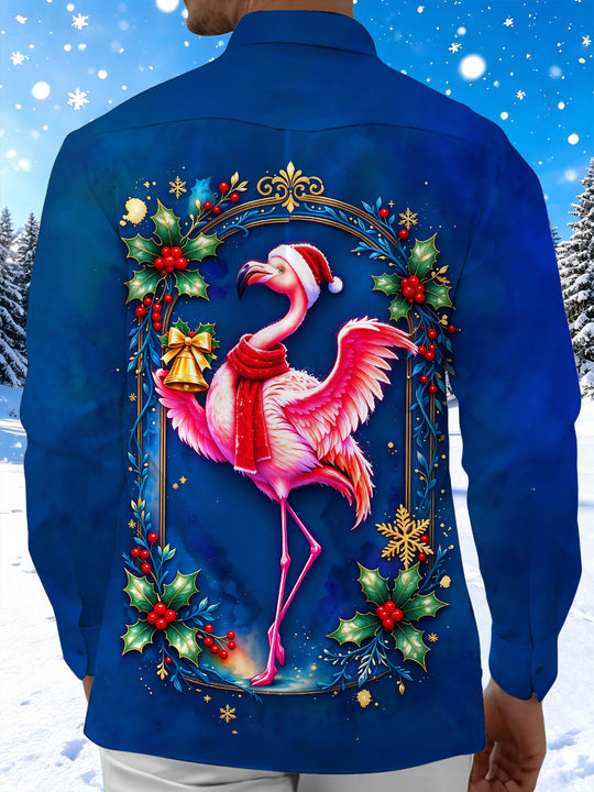 Adaychic Men's Long Sleeve Shirt - Christmas Flamingo With Santa Hat And Scarf Print with Chest Pocket