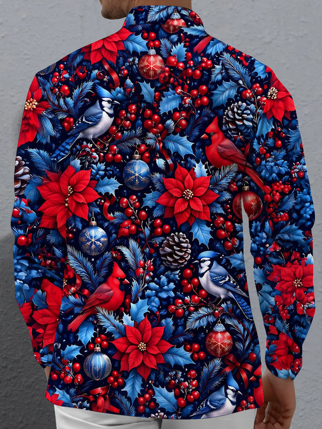 Adaychic Men's Printed Christmas Birds And Ornaments Print Long Sleeve Shirt with Chest Pocket