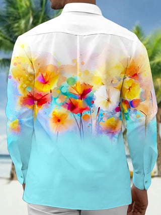 Adaychic Men's Printed Watercolor Floral Print Long Sleeve Shirt with Chest Pocket