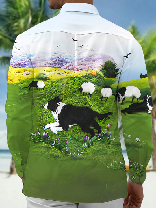 Adaychic Men's Printed Border Collie Print Long Sleeve Shirt with Chest Pocket