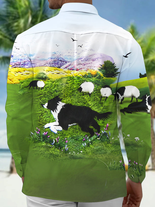 Adaychic Men's Printed Border Collie Print Long Sleeve Shirt with Chest Pocket