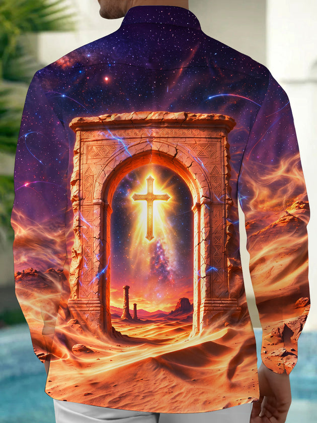 Adaychic Men's Long Sleeve Shirt - Desert Arch And Glowing Cross With Galaxy Sky Print with Chest Pocket