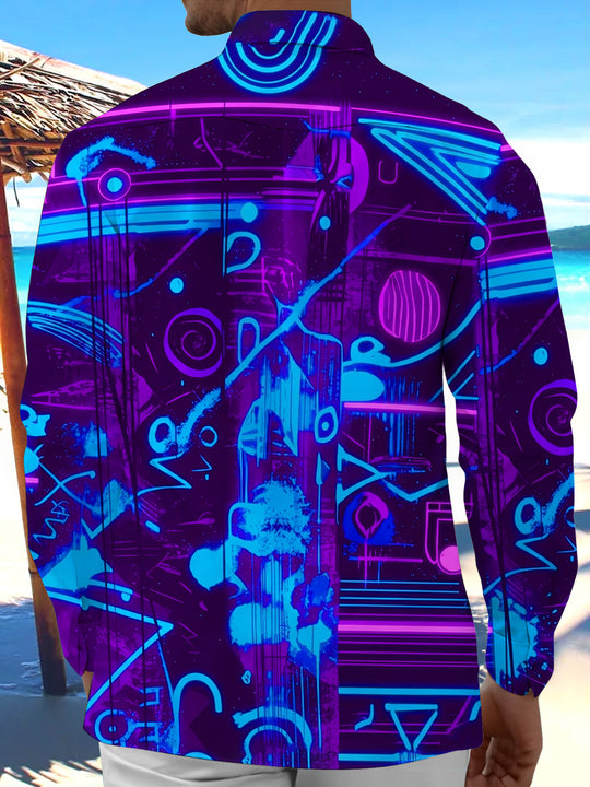 Adaychic Men's Graphic Neon Cyberpunk Graffiti Print Long Sleeve Shirt with Chest Pocket