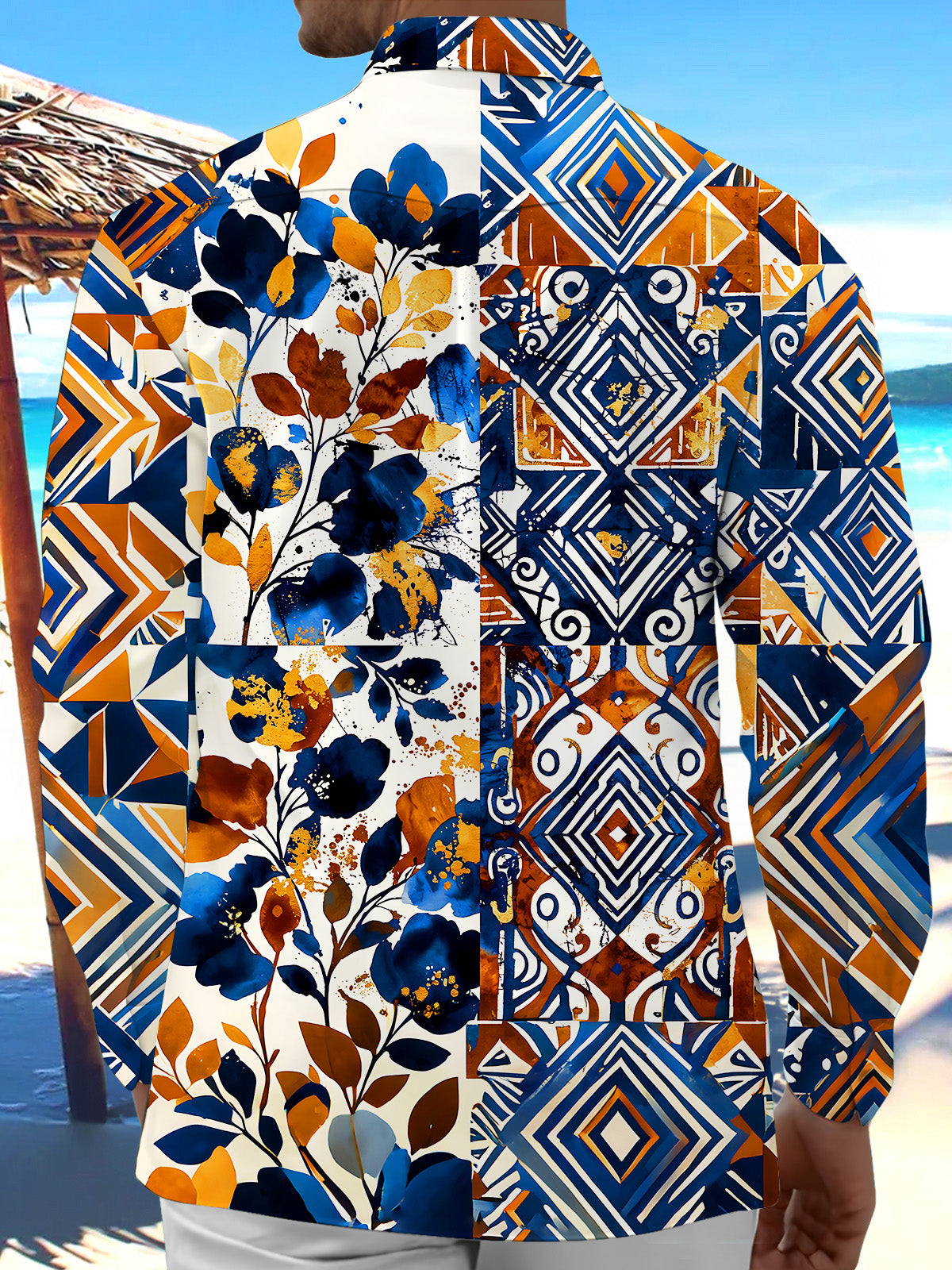 Adaychic Men's Printed Geometric Floral Collage Print Long Sleeve Shirt with Chest Pocket