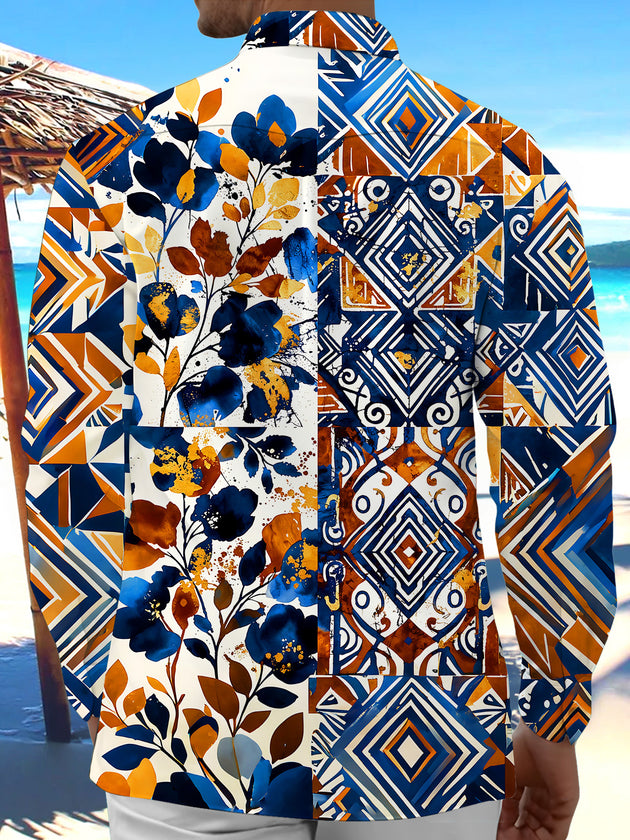 Adaychic Men's Printed Geometric Floral Collage Print Long Sleeve Shirt with Chest Pocket