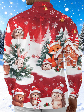 Adaychic Men's Long Sleeve Shirt - Cute Animals In Snowy Forest With Gingerbread House Print with Chest Pocket