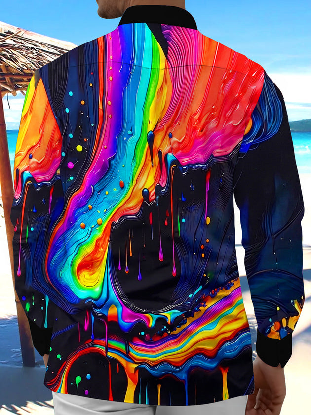 Adaychic Men's Graphic Abstract Rainbow Dripping Paint Print Long Sleeve Button Down Shirt with Chest Pocket