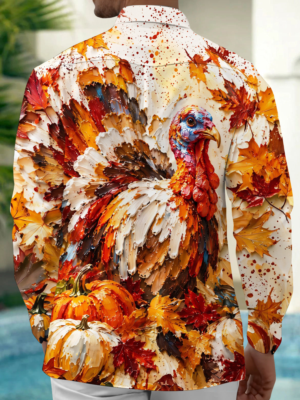 Adaychic Men's Long Sleeve Shirt - Thanksgiving Day Turkey And Autumn Leaves Print with Chest Pocket