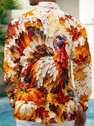 Adaychic Men's Long Sleeve Shirt - Thanksgiving Day Turkey And Autumn Leaves Print with Chest Pocket