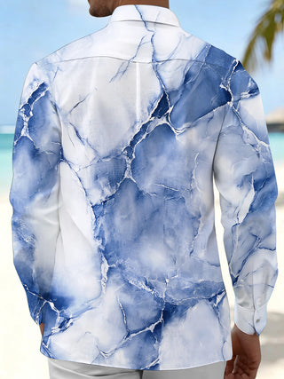 Adaychic Men's Printed Blue Marble Texture Print Long Sleeve Shirt with Chest Pocket
