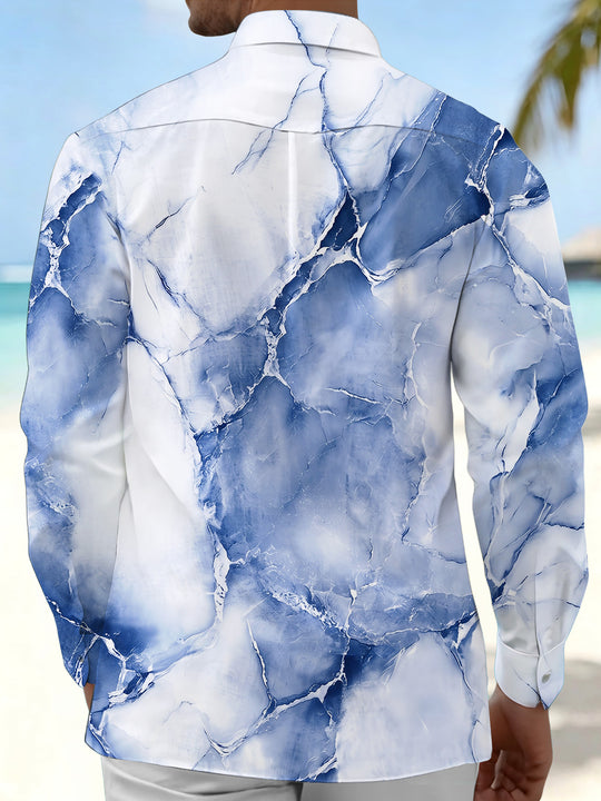 Adaychic Men's Printed Blue Marble Texture Print Long Sleeve Shirt with Chest Pocket