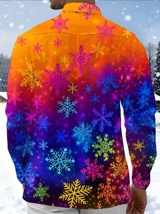 Adaychic Men's Printed Colorful Snowflakes Print Long Sleeve Shirt with Chest Pocket