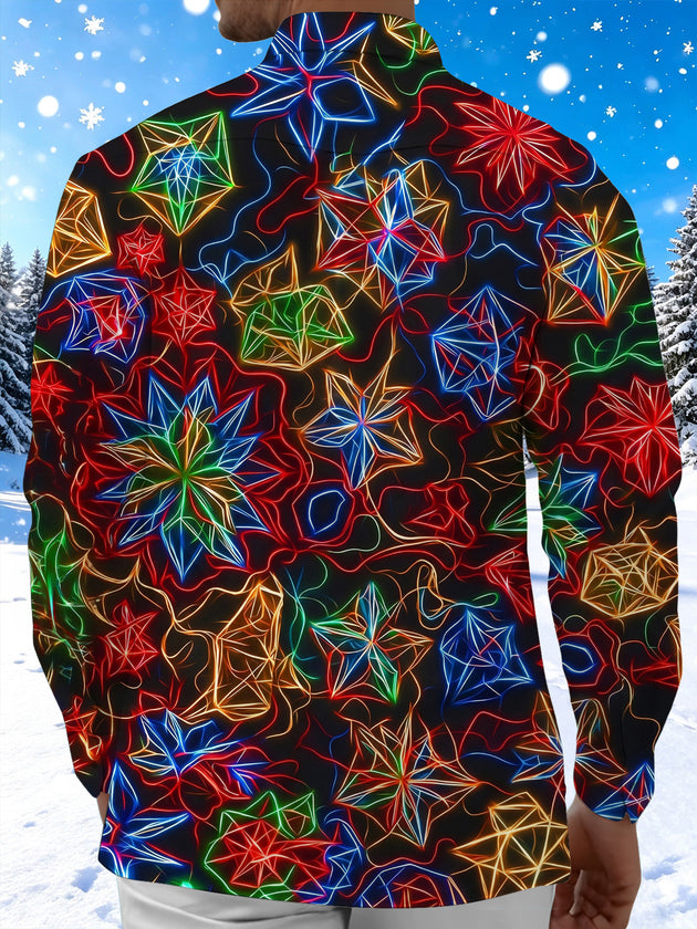 Adaychic Men's Patterned Neon Geometric Snowflakes Print Long Sleeve Shirt with Chest Pocket