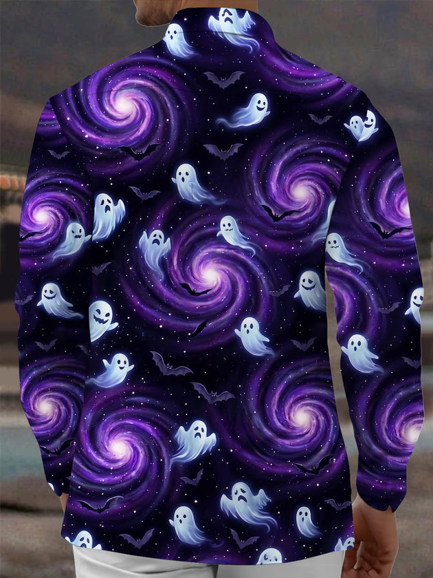 Adaychic Men's Graphic Halloween Ghosts Print Long Sleeve Shirt with Chest Pocket
