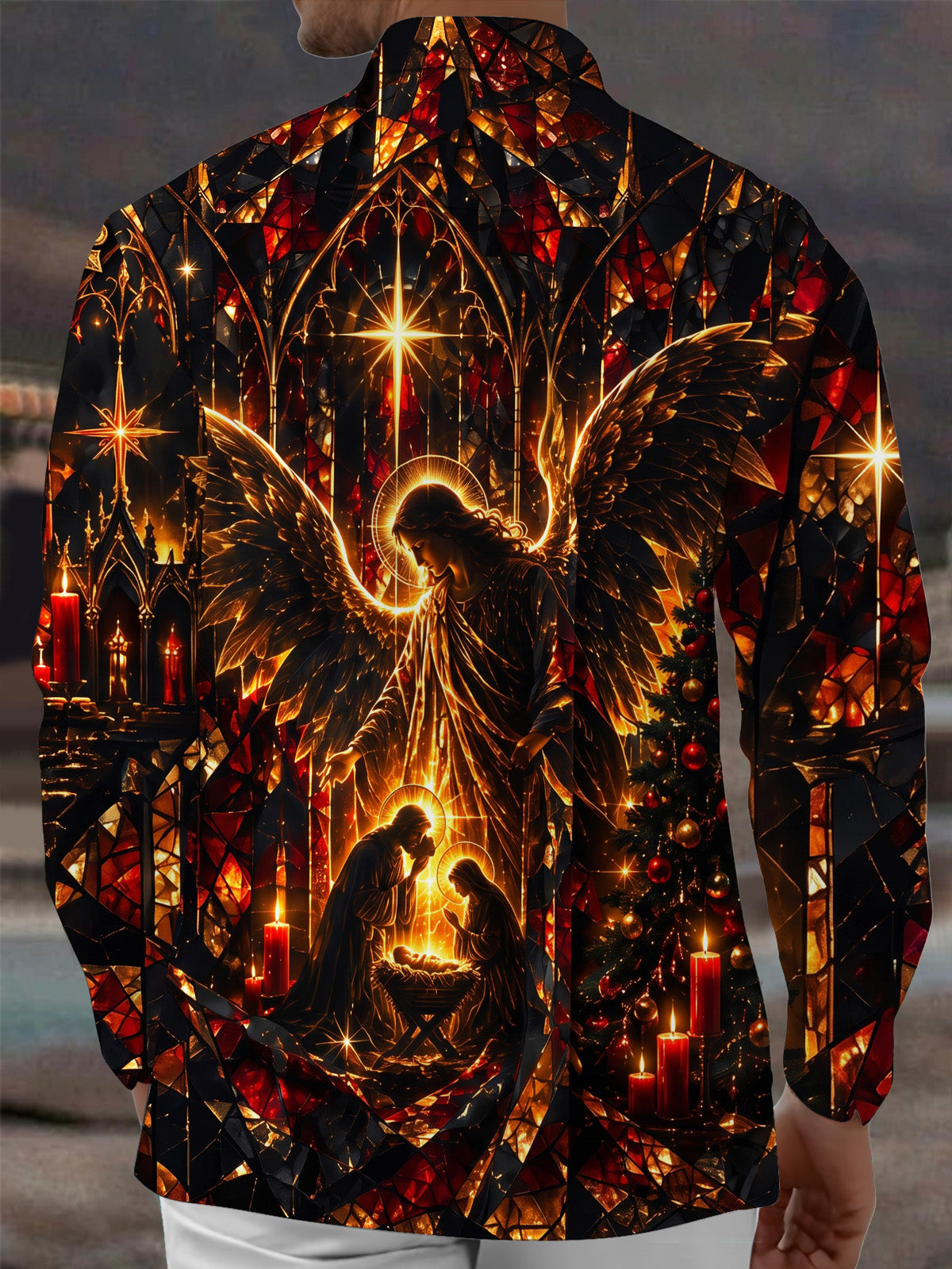 Adaychic Men's Stained Glass Nativity Scene With Angel Print Long Sleeve Shirt with Chest Pocket