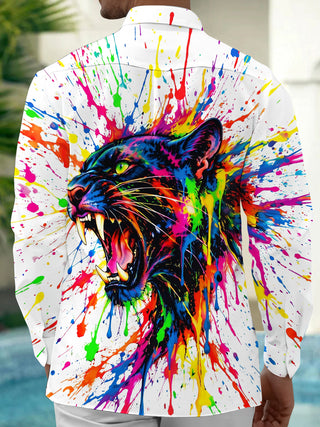 Adaychic Men's Graphic Colorful Paint Splatter Panther Print Long Sleeve Shirt with Chest Pocket
